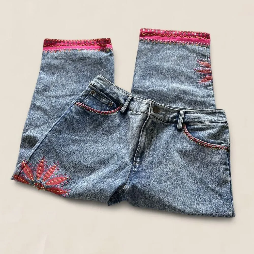 Vintage jeans Y2K Embroidered Flower small | artsy indie beaded cropped denim - Picture 4 of 8